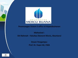 Perancangan Sistem E-office di Kepelabuhanan
Mahasiswi :
Siti Rahmah - Fakultas Ekonomi Bisnis, Akuntansi
Dosen Pengampu:
Prof. Dr. Hapzi Ali, CMA
 