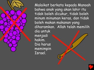 Malaikat berkata kepada Manoah
bahwa anak yang akan lahir itu
tidak boleh dicukur, tidak boleh
minum minuman keras, dan tidak
boleh makan makanan yang
diharamkan. Allah telah memilih
dia untuk
menjadi
hakim.
Dia harus
memimpin
Israel.
 