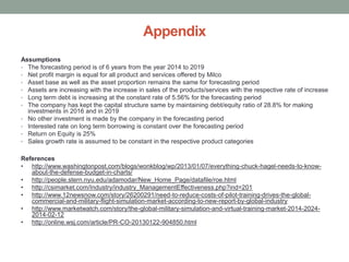 Appendix
Assumptions
• The forecasting period is of 6 years from the year 2014 to 2019
• Net profit margin is equal for all product and services offered by Milco
• Asset base as well as the asset proportion remains the same for forecasting period
• Assets are increasing with the increase in sales of the products/services with the respective rate of increase
• Long term debt is increasing at the constant rate of 5.56% for the forecasting period
• The company has kept the capital structure same by maintaining debt/equity ratio of 28.8% for making
investments in 2016 and in 2019
• No other investment is made by the company in the forecasting period
• Interested rate on long term borrowing is constant over the forecasting period
• Return on Equity is 25%
• Sales growth rate is assumed to be constant in the respective product categories
References
• http://www.washingtonpost.com/blogs/wonkblog/wp/2013/01/07/everything-chuck-hagel-needs-to-know-
about-the-defense-budget-in-charts/
• http://people.stern.nyu.edu/adamodar/New_Home_Page/datafile/roe.html
• http://csimarket.com/Industry/industry_ManagementEffectiveness.php?ind=201
• http://www.12newsnow.com/story/26200291/need-to-reduce-costs-of-pilot-training-drives-the-global-
commercial-and-military-flight-simulation-market-according-to-new-report-by-global-industry
• http://www.marketwatch.com/story/the-global-military-simulation-and-virtual-training-market-2014-2024-
2014-02-12
• http://online.wsj.com/article/PR-CO-20130122-904850.html
 