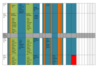 06.02.    t            HA4 –        rial 08                     Producti
12        Tutoria      Task 2                                   on log.
          l 08         Foyer and                   Update
                       Front                       production
                       Entrance –                  log
                       Measured
                       diagrams
w/b      LightBot                   LightBot
13.02.   Tutorial 09                Tutorial 09     Update
12                                                  producti
           HA4 –                     HA4 -          on log.
          Task 3                     Task 3
          Scale                      Build
          template                   basic shell
          footprints                 for both
          and check                  areas.
          proportio                  Update
          ns.                        productio
          Update                     n log.
          productio
          n log.
w/b
20.02.
12 H/T
w/b                                                Update       HA4 –
27.02.     HA4 –        HA4 –         HA4 –        production   Task 3
12        Task 3       Task 4        Task 3        log.         Additio
          Foyer and    Begin         Foyer and                  nal
          Front        evaluation    Front                      measuri
          Entrance     . Review      Entrance                   ng and
          detail       production    detail                     diagram
          added –      log.          added –                    s.
          furniture,                 furniture,
          plants,                    plants,
          moulding                   mouldings
          s                          etc.
w/b                                                Update                  HA4 –      DL 01
05.03.    HA4 –                      HA4 –         production              Task 3
12        Task 3                     Task 3        log.                    Screensh
          Foyer and                  Foyer and                             ots of
          Front                      Front                                 work to
          Entrance                   Entrance                              date.
          models                     models                                Email
 