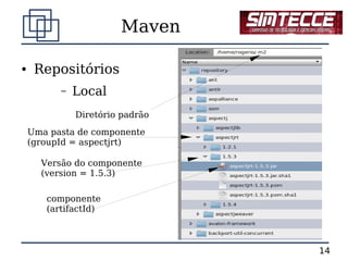 Maven

●    Repositórios
          –   Local
              Diretório padrão
    Uma pasta de componente
    (groupId = aspectjrt)

      Versão do componente
      (version = 1.5.3)

       componente
       (artifactId)



                                 14
 