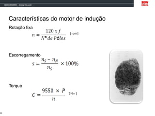 Características do motor de indução
22
Rotação fixa
[ rpm ]
Escorregamento
Torque
[ Nm ]
 