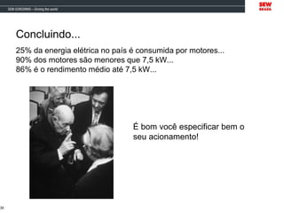 Concluindo...
25% da energia elétrica no país é consumida por motores...
90% dos motores são menores que 7,5 kW...
86% é o rendimento médio até 7,5 kW...
30
É bom você especificar bem o
seu acionamento!
 