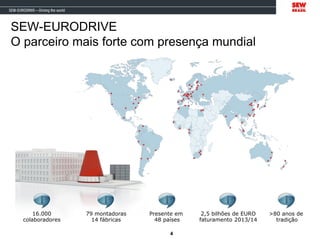 SEW-EURODRIVE
O parceiro mais forte com presença mundial
4
>80 anos de
tradição
Presente em
48 países
79 montadoras
14 fábricas
16.000
colaboradores
2,5 bilhões de EURO
faturamento 2013/14
 