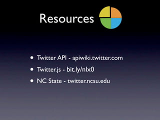 Resources

• Twitter API - apiwiki.twitter.com
• Twitter.js - bit.ly/nlx0
• NC State - twitter.ncsu.edu
 