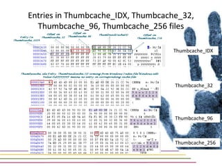 Entries in Thumbcache_IDX, Thumbcache_32,
  Thumbcache_96, Thumbcache_256 files

                                   Thumbcache_IDX




                                    Thumbcache_32




                                    Thumbcache_96



                                    Thumbcache_256
 