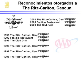 1999 The Ritz~Carlton, Cancun
1999 Fantino Restaurant
1999 The Club Grill
1998 The Ritz~Carlton, Cancun
1997 The Ritz~Carlton, Cancun
1996 The Ritz~Carlton, Cancun
2000 The Ritz~Carlton, Cancun
2000 Fantino Restaurant
2000 The Club Grill
Reconocimientos otorgados a
The Ritz-Carlton, Cancun.
 