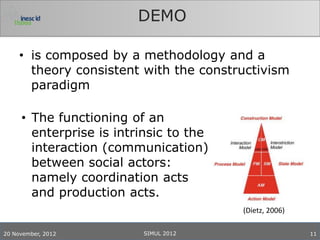DEMO

     • is composed by a methodology and a
       theory consistent with the constructivism
       paradigm

     • The functioning of an
       enterprise is intrinsic to the
       interaction (communication)
       between social actors:
       namely coordination acts
       and production acts.
                                        (Dietz, 2006)

20 November, 2012        SIMUL 2012                     11
 