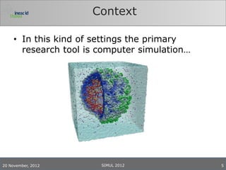 Context

     • In this kind of settings the primary
       research tool is computer simulation…




20 November, 2012       SIMUL 2012             5
 