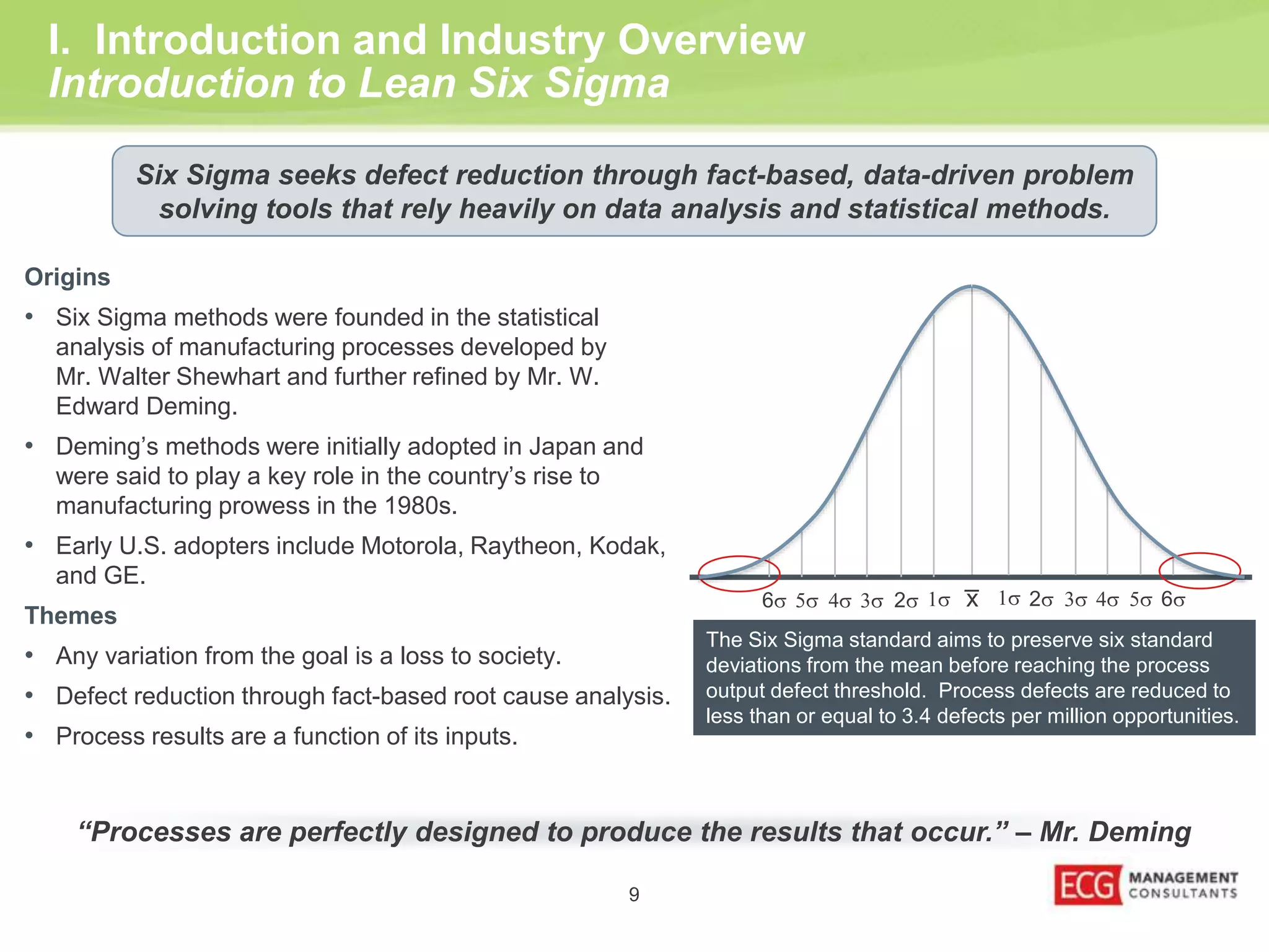 I. Introduction and Industry Overview 
Introduction to Lean Six Sigma 
Six Sigma seeks defect reduction through fact-based, data-driven problem 
solving tools that rely heavily on data analysis and statistical methods. 
9 
Origins 
• Six Sigma methods were founded in the statistical 
analysis of manufacturing processes developed by 
Mr. Walter Shewhart and further refined by Mr. W. 
Edward Deming. 
• Deming’s methods were initially adopted in Japan and 
were said to play a key role in the country’s rise to 
manufacturing prowess in the 1980s. 
• Early U.S. adopters include Motorola, Raytheon, Kodak, 
and GE. 
Themes 
• Any variation from the goal is a loss to society. 
• Defect reduction through fact-based root cause analysis. 
• Process results are a function of its inputs. 
1s 2s 3s 4s 5s 6s 1s 2s 3s 4s 5s 6s x̅ 
The Six Sigma standard aims to preserve six standard 
deviations from the mean before reaching the process 
output defect threshold. Process defects are reduced to 
less than or equal to 3.4 defects per million opportunities. 
“Processes are perfectly designed to produce the results that occur.” – Mr. Deming 
 