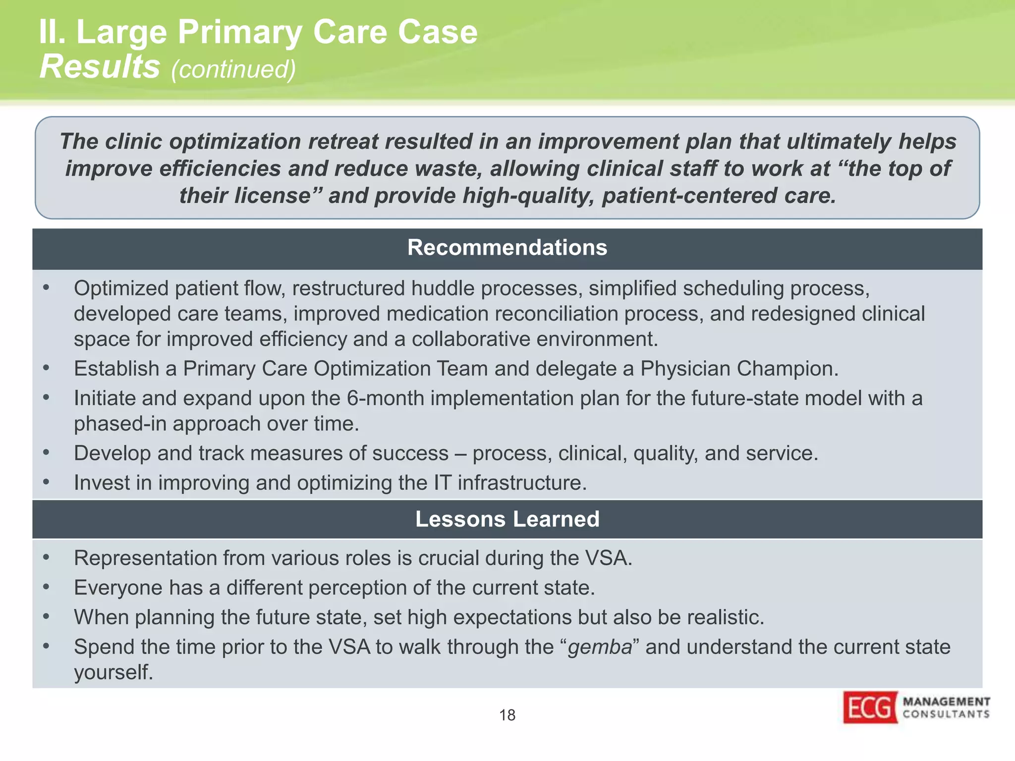 II. Large Primary Care Case 
Results (continued) 
The clinic optimization retreat resulted in an improvement plan that ultimately helps 
improve efficiencies and reduce waste, allowing clinical staff to work at “the top of 
their license” and provide high-quality, patient-centered care. 
Recommendations 
• Optimized patient flow, restructured huddle processes, simplified scheduling process, 
developed care teams, improved medication reconciliation process, and redesigned clinical 
space for improved efficiency and a collaborative environment. 
• Establish a Primary Care Optimization Team and delegate a Physician Champion. 
• Initiate and expand upon the 6-month implementation plan for the future-state model with a 
18 
phased-in approach over time. 
• Develop and track measures of success – process, clinical, quality, and service. 
• Invest in improving and optimizing the IT infrastructure. 
Lessons Learned 
• Representation from various roles is crucial during the VSA. 
• Everyone has a different perception of the current state. 
• When planning the future state, set high expectations but also be realistic. 
• Spend the time prior to the VSA to walk through the “gemba” and understand the current state 
yourself. 
 