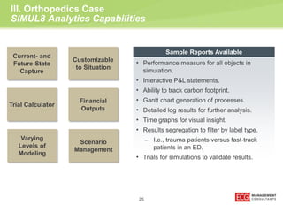 III. Orthopedics Case 
SIMUL8 Analytics Capabilities 
25 
Trial Calculator 
Customizable 
to Situation 
Varying 
Levels of 
Modeling 
Financial 
Outputs 
Current- and 
Future-State 
Capture 
Scenario 
Management 
Sample Reports Available 
• Performance measure for all objects in 
simulation. 
• Interactive P&L statements. 
• Ability to track carbon footprint. 
• Gantt chart generation of processes. 
• Detailed log results for further analysis. 
• Time graphs for visual insight. 
• Results segregation to filter by label type. 
– I.e., trauma patients versus fast-track 
patients in an ED. 
• Trials for simulations to validate results. 
 