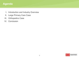 Agenda 
I. Introduction and Industry Overview 
II. Large Primary Care Case 
III. Orthopedics Case 
IV. Conclusion 
3 
 