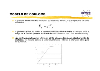 MODELO DE COULOMB
A primeira lei de atrito foi idealizada por Loenardo da Vinci, e sua equação é bastante
conhecida:

FT = µFN

A primeira parte da curva é chamada de área de Coulomb, e a relação entre a
força de atrito e a pressão é constante e representada pelo coeficiente de atrito µ.

Na parte plana da curva, a força de atrito atinge a tensão de cisalhamento do
material, e o mesmo começa a sofrer cisalhamento interno, e a força de atrito para
de aumentar.

 