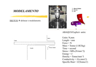 MODELAMENTO
SKETCH

delinear o modelamento.

ABAQUS/Explicit units:
Units: N,mm
Length = mm
g
Force = N
Mass = Tonne (1.0E3kg)
Time = second
Stress = MPa (N/mm^2)
Energy = J
Density = Tonne/mm^3
Conductivity = J/(s.mm.C)
Specific Heat = J/(Tonne.C)

 