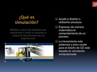 ¿Qué es                      Ayuda a diseñar o
    simulación?                     rediseñar procesos
                                   Expresan de manera
Modelo o serie de modelos que       matemática el
representa o imita un proceso o     comportamiento de un
  conjunto de procesos de un        proceso
         sistema real.
                                   La herramienta más
                                    poderosa y poco usada
                                    para el diseño de CD está
                                    basada en simulación
                                    computarizada
 