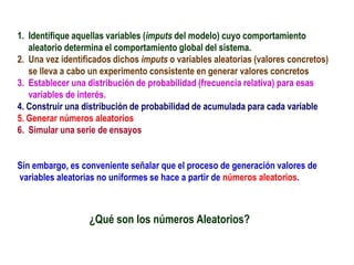 ¿Qué son los números Aleatorios?
1. Identifique aquellas variables (imputs del modelo) cuyo comportamiento
aleatorio determina el comportamiento global del sistema.
2. Una vez identificados dichos imputs o variables aleatorias (valores concretos)
se lleva a cabo un experimento consistente en generar valores concretos
3. Establecer una distribución de probabilidad (frecuencia relativa) para esas
variables de interés.
4. Construir una distribución de probabilidad de acumulada para cada variable
5. Generar números aleatorios
6. Simular una serie de ensayos
Sin embargo, es conveniente señalar que el proceso de generación valores de
variables aleatorias no uniformes se hace a partir de números aleatorios.
 