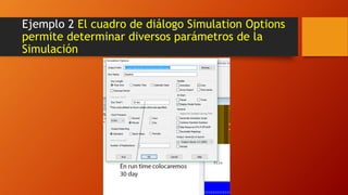 Ejemplo 2 El cuadro de diálogo Simulation Options
permite determinar diversos parámetros de la
Simulación
 