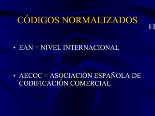 CÓDIGOS NORMALIZADOS EAN = NIVEL INTERNACIONAL AECOC = ASOCIACIÓN ESPAÑOLA DE CODIFICACIÓN COMERCIAL