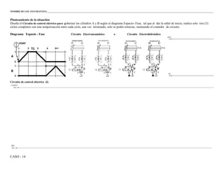 CASO - 14
NOMBRE DE LOS ESTUDIANTES:___________________________________________________________________________________________________________________________________________________
Planteamiento de la situación:
Diseñe el Circuito de control eléctrico para gobernar los cilindros A y B según el diagrama Espacio- Fase, tal que al dar la señal de inicio, realice solo tres (3)
ciclos completos con una temporización entre cada ciclo, una vez terminado, solo se podrá reiniciar, reseteando el contador de circuito.
Diagrama Espacio - Fase Circuito Electroneumático o Circuito Electrohidráulico
Circuito de control eléctrico (I)
 