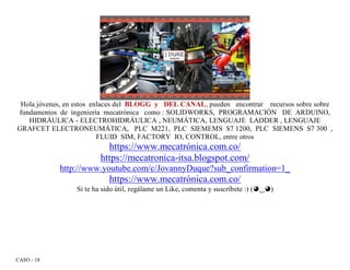 CASO - 18
Hola jóvenes, en estos enlaces del BLOGG y DEL CANAL, pueden encontrar recursos sobre sobre
fundamentos de ingeniería mecatrónica como : SOLIDWORKS, PROGRAMACIÓN DE ARDUINO,
HIDRÁULICA - ELECTROHIDRÁULICA , NEUMÁTICA, LENGUAJE LADDER , LENGUAJE
GRAFCET ELECTRONEUMÁTICA, PLC M221, PLC SIEMEMS S7 1200, PLC SIEMENS S7 300 ,
FLUID SIM, FACTORY IO, CONTROL, entre otros
https://www.mecatrónica.com.co/
https://mecatronica-itsa.blogspot.com/
http://www.youtube.com/c/JovannyDuque?sub_confirmation=1_
https://www.mecatrónica.com.co/
Si te ha sido útil, regálame un Like, comenta y suscríbete :) (◕‿◕)
 