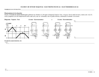 CASO. 6
EXÁMEN DE M/T0 DE MÁQUINAS ELECTRONEUMÁTICAS / ELECTROHIDRÁULICAS
NOMBRE DE LOS ESTUDIANTES:___________________________________________________________________________________________________________________________________________________
Planteamiento de la situación:
Diseñe el Circuito de control eléctrico para gobernar los cilindros A y B según el diagrama Espacio- Fase, tal que al dar la señal de inicio, realice solo tres (3)
ciclos completos con una temporización entre cada ciclo, una vez terminado, solo se podrá reiniciar, reseteando el contador de circuito.
Diagrama Espacio - Fase Circuito Electroneumático o Circuito Electrohidráulico
Circuito de control eléctrico (I)
 