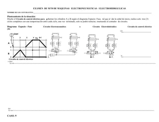 CASO. 9
EXÁMEN DE M/T0 DE MÁQUINAS ELECTRONEUMÁTICAS / ELECTROHIDRÁULICAS
NOMBRE DE LOS ESTUDIANTES:___________________________________________________________________________________________________________________________________________________
Planteamiento de la situación:
Diseñe el Circuito de control eléctrico para gobernar los cilindros A y B según el diagrama Espacio- Fase, tal que al dar la señal de inicio, realice solo tres (3)
ciclos completos con una temporización entre cada ciclo, una vez terminado, solo se podrá reiniciar, reseteando el contador de circuito.
Diagrama Espacio - Fase Circuito Electroneumático o Circuito Electrohidráulico Circuito de control eléctrico
(II)
Circuito de control eléctrico
 