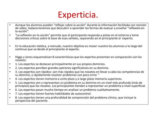 Experticia.
• Aunque los alumnos pueden "reflejar sobre la acción" durante la información facilitada con revisión
de vídeo, todavía tenemos que descubrir o aprender las formas de evaluar y enseñar "reflexión-en
la-acción".
• “La reflexión-en-la acción" permite que el participante responda a pistas en el entorno y tome
decisiones críticas sobre la base de esas señales, separando así el principiante al experto.
• En la educación médica, a menudo, nuestro objetivo es mover nuestro los alumnos a lo largo del
continuo que va desde el principiante al experto.
• Higgs y Jones esquematizan 8 características que los expertos presentan en comparación con los
novatos:
• 1. Los expertos se destacan principalmente en sus propios dominios.
• 2. Los expertos perciben grandes patrones significativos en su dominio.
• 3. Los expertos son rápidos: son más rápidos que los novatos en llevar a cabo las competencias de
su dominio, y rápidamente resolver problemas con poco error. "
• 4. Los expertos tienen memoria a corto plazo y a largo plazo memoria superiores.
• 5. Los expertos ven y representan un problema en su dominio en un nivel más profundo (más de
principios) que los novatos. Los principiantes tienden a representar un problema a nivel superficial.
• 6. Los expertos pasan mucho tiempo en analizar un problema cualitativamente.
• 7. Los expertos tienen fuertes habilidades de autocontrol.
• 8. Los expertos tienen una profundidad de comprensión del problema clínico, que incluye la
perspectiva del paciente.
 