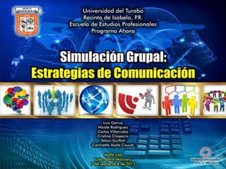 Simulación grupal
Estrategias de
comunicación
Carlos Villarrubia Rodríguez
Nicole M. Rodríguez Jiménez
Cristina Chaparro Soto
Luis Garcia
Yelany
Carlinette
 