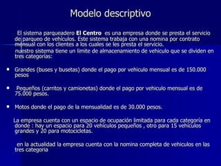Modelo descriptivo El sistema parqueadero  El Centro  es una empresa donde se presta el servicio de parqueo de vehículos. Este sistema trabaja con una nomina por contrato mensual con los clientes a los cuales se les presta el servicio. nuestro sistema tiene un limite de almacenamiento de vehiculo que se dividen en tres categorías:  Grandes (buses y busetas) donde el pago por vehiculo mensual es de 150.000 pesos  Pequeños (carritos y camionetas) donde el pago por vehiculo mensual es de 75.000 pesos. Motos donde el pago de la mensualidad es de 30.000 pesos. La empresa cuenta con un espacio de ocupación limitada para cada categoría en donde : hay un espacio para 20 vehículos pequeños , otro para 15 vehículos grandes y 20 para motocicletas. en la actualidad la empresa cuenta con la nomina completa de vehiculos en las tres categoria 