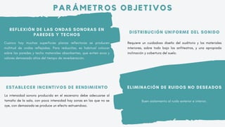 REFLEXIÓN DE LAS ONDAS SONORAS EN
PAREDES Y TECHOS
Cuanco hay muchas superficies planas reflectoras se producen
multitud de ondas reflejadas. Para reducirlas, es habitual colocar
sobre las paredes y techo materiales absorbentes, que eviten ecos y
valores demasiado altos del tiempo de reverberación.
DISTRIBUCIÓN UNIFORME DEL SONIDO
Requiere un cuidadoso diseño del auditorio y los materiales
interiores, sobre todo bajo los anfiteatros, y una apropiada
inclinación y cobertura del suelo.
ESTABLECER INCENTIVOS DE RENDIMIENTO
La intensidad sonora producida en el escenario debe adecuarse al
tamaño de la sala, con poca intensidad hay zonas en las que no se
oye, con demasiada se produce un efecto estruendoso.
ELIMINACIÓN DE RUIDOS NO DESEADOS
Buen aislamiento al ruido exterior e interior.
PARÁMETROS OBJETIVOS
PARÁMETROS OBJETIVOS
 