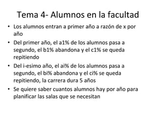 Tema 4- Alumnos en la facultad
• Los alumnos entran a primer año a razón de x por
año
• Del primer año, el a1% de los alumnos pasa a
segundo, el b1% abandona y el c1% se queda
repitiendo
• Del i-esimo año, el ai% de los alumnos pasa a
segundo, el bi% abandona y el ci% se queda
repitiendo, la carrera dura 5 años
• Se quiere saber cuantos alumnos hay por año para
planificar las salas que se necesitan
 