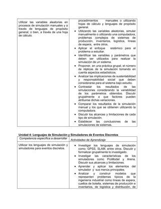 procedimientos        manuales o utilizando
Utilizar las variables aleatorias en
                                             hojas de cálculo y lenguajes de propósito
procesos de simulación manuales y a
                                             general.
través de lenguajes de propósito
general, o bien, a través de una hoja    •   Utilizando las variables aleatorias, simular
de cálculo.                                  manualmente o utilizando una computadora,
                                             problemas complejos de sistemas de
                                             producción, inventarios, logística, líneas
                                             de espera, entre otros.
                                         •   Aplicar el enfoque        sistémico para el
                                             problema a estudiar.
                                         •   Identificar las variables y parámetros que
                                             deben ser utilizados para realizar la
                                             simulación de un sistema.
                                         •   Proponer, en una práctica grupal, el número
                                             de réplicas de la simulación tomando en
                                             cuenta aspectos estadísticos.
                                         •   Analizar las implicaciones de sustentabilidad
                                             y responsabilidad social que deben
                                             considerarse para el sistema bajo estudio.
                                         •   Contrastar     los    resultados    de     las
                                             simulaciones considerando la variabilidad
                                             de los parámetros obtenidos. Discutir
                                             grupalmente a que factores pueden
                                             atribuirse dichas variaciones.
                                         •   Comparar los resultados de la simulación
                                             manual y los que se obtienen utilizando la
                                             computadora.
                                         •   Discutir los alcances y limitaciones de cada
                                             tipo de simulación.
                                         •   Establecer las conclusiones de las
                                             simulaciones de sistemas.


Unidad 4: Lenguajes de Simulación y Simuladores de Eventos Discretos
Competencia específica a desarrollar
                                     Actividades de Aprendizaje
Utilizar los lenguajes de simulación y   • Investigar los lenguajes de simulación
simuladores para eventos discretos.        como: GPSS, SLAM, entre otros. Discutir y
                                           formalizar grupalmente lo investigado.
                                         • Investigar las características de los
                                           simuladores como ProModel y Arena.
                                           Discutir sus alcances y limitaciones.
                                         • Aprender y aplicar los elementos del
                                           simulador y sus menús principales.
                                         • Analizar y construir modelos que
                                           representen problemas típicos de la
                                           ingeniería industrial como líneas de espera,
                                           cuellos de botella, sistemas de producción e
                                           inventarios, de logística y distribución, de
 