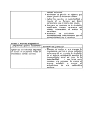 calidad, entre otros.
                                         •   Reconocer las pruebas de hipótesis que
                                             deben aplicarse al modelo en cuestión.
                                         •   Aplicar los aspectos de sustentabilidad y
                                             respeto al ser humano que deben
                                             considerarse para el sistema bajo estudio.
                                         •   Comparar los resultados de la simulación
                                             modificando diversos parámetros del
                                             modelo, estableciendo el análisis de
                                             sensibilidad.
                                         •   Establecer      las   conclusiones         y
                                             recomendaciones correspondientes para el
                                             modelo estudiado con la simulación.


Unidad 5: Proyecto de aplicación
Competencia específica a desarrollar
                                     Actividades de Aprendizaje
Aplicar los conocimientos adquiridos   • Elaborar por equipo, en una empresa de
al análisis de situaciones reales en       manufactura o servicio, o en una institución
empresas de bienes o servicios             gubernamental, un proyecto de simulación
                                           de un sistema, considerando aspectos de
                                           responsabilidad social así como de la
                                           sustentabilidad,      y que tenga como
                                           resultado una propuesta de mejora al
                                           proceso     estudiado,   o    propicie     el
                                           entendimiento     de    una   problemática
                                           existente.
 