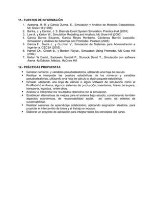 11.- FUENTES DE INFORMACIÓN
  1. Azarang, M. R. y García Dunna, E., Simulación y Análisis de Modelos Estocásticos.
     Mc Graw Hill (1998)
  2. Banks, J. y Carson, J. S. Discrete Event System Simulation. Prentice Hall (2001)
  3. Law A. y Kelton W., Simulation Modelling and Analisis, Mc Graw Hill (2000)
  4. García Dunna Eduardo, García Reyes Heriberto, Cárdenas Barrón Leopoldo.
     Simulación y Análisis de Sistemas con Promodel. Pearson (2006)
  5. García F., Sierra J., y Guzmán V., Simulación de Sistemas para Administración e
     Ingeniería. CECSA (2005)
  6. Harrell Ch., Ghosh B., y Borden Royce., Simulation Using Promodel. Mc Graw Hill
     (2004)
  7. Kelton W David., Sadowski Randall P., Sturrock David T., Simulación con software
     Arena. 4a Edicion. México. McGraw Hill

12.- PRÁCTICAS PROPUESTAS
    Generar números y variables pseudoaleatorios, utilizando una hoja de cálculo.
    Realizar e interpretar las pruebas estadísticas de los números y variables
    pseudoaleatorios, utilizando una hoja de cálculo o algún paquete estadístico.
    Simular, utilizando una hoja de cálculo o algún software de simulación como el
    ProModel ó el Arena, algunos sistemas de producción, inventarios, líneas de espera,
    transporte, logística, entre otros.
    Analizar e interpretar los resultados obtenidos con la simulación.
    Establecer alternativas de mejora para el sistema bajo estudio, considerando también
    aspectos económicos, de responsabilidad social,            así como los criterios de
    sustentabilidad.
    Realizar sesiones de aprendizaje colaborativo, aplicando asignación aleatoria, para
    propiciar el intercambio de ideas y el trabajo en equipo.
    Elaborar un proyecto de aplicación para integrar todos los conceptos del curso.
 