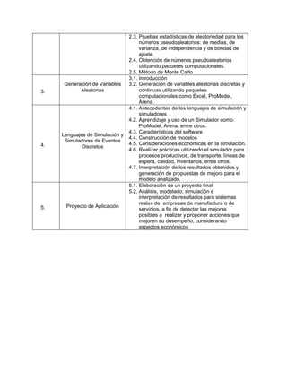 2.3. Pruebas estadísticas de aleatoriedad para los
                                      números pseudoaleatorios: de medias, de
                                      varianza, de independencia y de bondad de
                                      ajuste.
                                 2.4. Obtención de números pseudoaleatorios
                                      utilizando paquetes computacionales.
                                 2.5. Método de Monte Carlo
                                 3.1. Introducción
     Generación de Variables     3.2. Generación de variables aleatorias discretas y
3.         Aleatorias                 continuas utilizando paquetes
                                      computacionales como Excel, ProModel,
                                      Arena.
                                 4.1. Antecedentes de los lenguajes de simulación y
                                      simuladores
                                 4.2. Aprendizaje y uso de un Simulador como:
                                      ProModel, Arena, entre otros.
                                 4.3. Características del software
     Lenguajes de Simulación y
                                 4.4. Construcción de modelos
      Simuladores de Eventos
4.                               4.5. Consideraciones económicas en la simulación.
             Discretos
                                 4.6. Realizar prácticas utilizando el simulador para
                                      procesos productivos, de transporte, líneas de
                                      espera, calidad, inventarios, entre otros.
                                 4.7. Interpretación de los resultados obtenidos y
                                      generación de propuestas de mejora para el
                                      modelo analizado.
                                 5.1. Elaboración de un proyecto final
                                 5.2. Análisis, modelado, simulación e
                                      interpretación de resultados para sistemas
                                      reales de empresas de manufactura o de
5.    Proyecto de Aplicación
                                      servicios, a fin de detectar las mejoras
                                      posibles a realizar y proponer acciones que
                                      mejoren su desempeño, considerando
                                      aspectos económicos
 