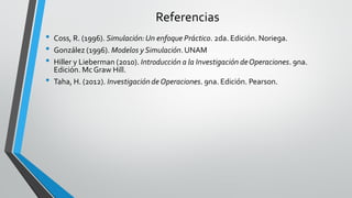 Referencias
• Coss, R. (1996). Simulación:Un enfoque Práctico. 2da. Edición. Noriega.
• González (1996). Modelos y Simulación.UNAM
• Hiller y Lieberman (2010). Introducción a la Investigación deOperaciones. 9na.
Edición. McGraw Hill.
• Taha, H. (2012). Investigación deOperaciones. 9na. Edición. Pearson.
 