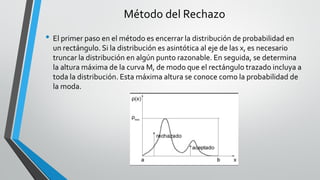 Método del Rechazo
• El primer paso en el método es encerrar la distribución de probabilidad en
un rectángulo. Si la distribución es asintótica al eje de las x, es necesario
truncar la distribución en algún punto razonable. En seguida, se determina
la altura máxima de la curva M, de modo que el rectángulo trazado incluya a
toda la distribución. Esta máxima altura se conoce como la probabilidad de
la moda.
 