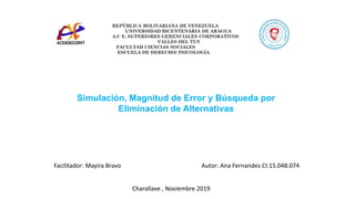 Simulación, Magnitud de Error y Búsqueda por
Eliminación de Alternativas
Facilitador: Mayira Bravo Autor: Ana Fernandes CI:15.048.074
Charallave , Noviembre 2019
 