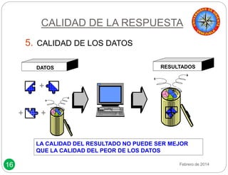 16 
CALIDAD DE LA RESPUESTA 
5. CALIDAD DE LOS DATOS 
DATOS RESULTADOS 
LA CALIDAD DEL RESULTADO NO PUEDE SER MEJOR 
QUE LA CALIDAD DEL PEOR DE LOS DATOS 
Febrero de 2014 
 