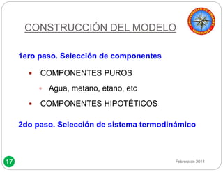 CONSTRUCCIÓN DEL MODELO 
17 
1ero paso. Selección de componentes 
 COMPONENTES PUROS 
 Agua, metano, etano, etc 
 COMPONENTES HIPOTÉTICOS 
2do paso. Selección de sistema termodinámico 
Febrero de 2014 
 