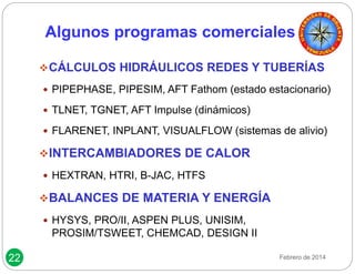 Algunos programas comerciales 
22 
CÁLCULOS HIDRÁULICOS REDES Y TUBERÍAS 
 PIPEPHASE, PIPESIM, AFT Fathom (estado estacionario) 
 TLNET, TGNET, AFT Impulse (dinámicos) 
 FLARENET, INPLANT, VISUALFLOW (sistemas de alivio) 
INTERCAMBIADORES DE CALOR 
 HEXTRAN, HTRI, B-JAC, HTFS 
BALANCES DE MATERIA Y ENERGÍA 
 HYSYS, PRO/II, ASPEN PLUS, UNISIM, 
PROSIM/TSWEET, CHEMCAD, DESIGN II 
Febrero de 2014 
