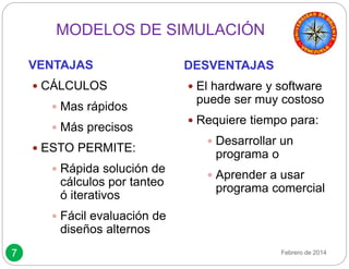 7 
MODELOS DE SIMULACIÓN 
VENTAJAS 
 CÁLCULOS 
 Mas rápidos 
 Más precisos 
 ESTO PERMITE: 
 Rápida solución de 
cálculos por tanteo 
ó iterativos 
 Fácil evaluación de 
diseños alternos 
DESVENTAJAS 
 El hardware y software 
puede ser muy costoso 
 Requiere tiempo para: 
 Desarrollar un 
programa o 
 Aprender a usar 
programa comercial 
Febrero de 2014 
 
