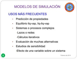 8 
MODELOS DE SIMULACIÓN 
USOS MÁS FRECUENTES 
• Predicción de propiedades 
• Equilibrio liq-vap, liq-liq-vap 
• Sistemas o procesos complejos 
•Lazos o redes 
•Cálculos iterativos 
• Evaluación de muchas alternativas 
• Estudios de sensibilidad 
•Efecto de una variable sobre un sistema 
Febrero de 2014 
 