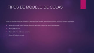 TIPOS DE MODELO DE COLAS
Existe una cantidad enorme de Modelos de Colas que pueden utilizarse. Nos vamos a concentrar en 4 de los modelos más usados.
 Modelo A: Un canal, Arribos según la Distribución de Poisson; Tiempos de Servicio exponenciales
 Modelo B: Multicanal
 Modelo C: Tiempo de Servicio constante
 Modelo D: Población Limitada
 