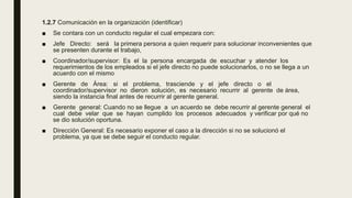 1.2.7 Comunicación en la organización (identificar)
■ Se contara con un conducto regular el cual empezara con:
■ Jefe Directo: será la primera persona a quien requerir para solucionar inconvenientes que
se presenten durante el trabajo,
■ Coordinador/supervisor: Es el la persona encargada de escuchar y atender los
requerimientos de los empleados si el jefe directo no puede solucionarlos, o no se llega a un
acuerdo con el mismo
■ Gerente de Área: si el problema, trasciende y el jefe directo o el
coordinador/supervisor no dieron solución, es necesario recurrir al gerente de área,
siendo la instancia final antes de recurrir al gerente general.
■ Gerente general: Cuando no se llegue a un acuerdo se debe recurrir al gerente general el
cual debe velar que se hayan cumplido los procesos adecuados y verificar por qué no
se dio solución oportuna.
■ Dirección General: Es necesario exponer el caso a la dirección si no se solucionó el
problema, ya que se debe seguir el conducto regular.
 