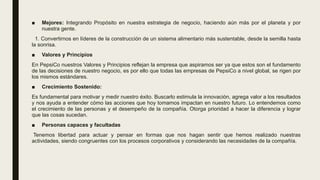 ■ Mejores: Integrando Propósito en nuestra estrategia de negocio, haciendo aún más por el planeta y por
nuestra gente.
1. Convertirnos en líderes de la construcción de un sistema alimentario más sustentable, desde la semilla hasta
la sonrisa.
■ Valores y Principios
En PepsiCo nuestros Valores y Principios reflejan la empresa que aspiramos ser ya que estos son el fundamento
de las decisiones de nuestro negocio, es por ello que todas las empresas de PepsiCo a nivel global, se rigen por
los mismos estándares.
■ Crecimiento Sostenido:
Es fundamental para motivar y medir nuestro éxito. Buscarlo estimula la innovación, agrega valor a los resultados
y nos ayuda a entender cómo las acciones que hoy tomamos impactan en nuestro futuro. Lo entendemos como
el crecimiento de las personas y el desempeño de la compañía. Otorga prioridad a hacer la diferencia y lograr
que las cosas sucedan.
■ Personas capaces y facultadas
Tenemos libertad para actuar y pensar en formas que nos hagan sentir que hemos realizado nuestras
actividades, siendo congruentes con los procesos corporativos y considerando las necesidades de la compañía.
 