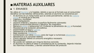 ■MATERIAS AUXILIARES
■ 1. ENVASES
Se utiliza el Aluminio y la hojalata, debido a que es el formato que el consumidor
identifica con las bebidas refrescantes, además el aluminio se caracteriza por:
• El aluminio es un metal fuerte que se oxida parcialmente, siendo su materia
prima el mineral de la Bauxita.
• Ligereza y ductilidad.
• Fácil manipulación.
• Aspecto brillante y atractivo (superficie fácilmente coloreada)
• Buena conductividad térmica y eléctrica. No magnético.
• Barrera a gases y radiaciones UV. Evitando la penetración de aire o Humedad.
• Resistencia a la oxidación atmosférica.
• Impermeable al agua y colores.
• Resistencia a la sulfatación.
• Baja resistencia mecánica.
• Combinación con otros metales para dar lugar a numerosas aleaciones.
• Resistencia a la corrosión relativa.
• Precio elevado debido al consumo energético necesario.
• Reciclabilidad.
• No puede ser soldado por ninguna técnica conocida.
• El aluminio no altera el sabor o consistencia de su contenido, dejando intactas
las vitaminas minerales, y demás características del producto
 