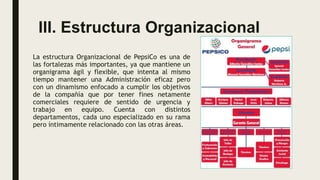 III. Estructura Organizacional
La estructura Organizacional de PepsiCo es una de
las fortalezas más importantes, ya que mantiene un
organigrama ágil y flexible, que intenta al mismo
tiempo mantener una Administración eficaz pero
con un dinamismo enfocado a cumplir los objetivos
de la compañía que por tener fines netamente
comerciales requiere de sentido de urgencia y
trabajo en equipo. Cuenta con distintos
departamentos, cada uno especializado en su rama
pero íntimamente relacionado con las otras áreas.
 