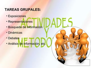 TAREAS GRUPALES:
• Exposiciones
• Representaciones
• Búsqueda de información
• Dinámicas
• Debates
• Análisis de información, etc.
 